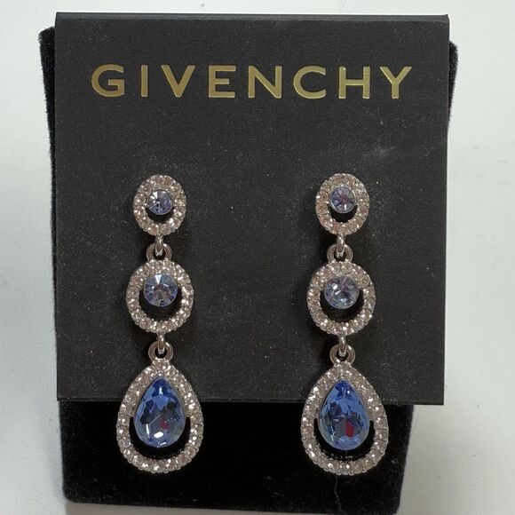 Givenchy Crystal Cut Linear Earrings In Silver & Sapphire New - Picture 2 of 8